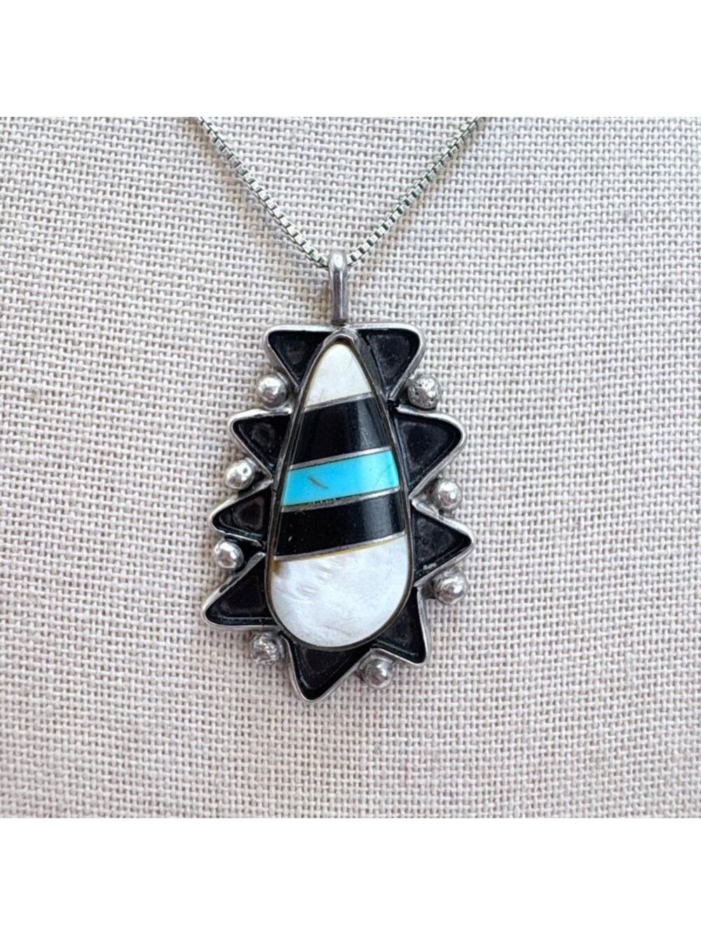 Turquoise Onyx Mother of Pearl Sterling Silver 925 Pendant Necklace 23.5" Length